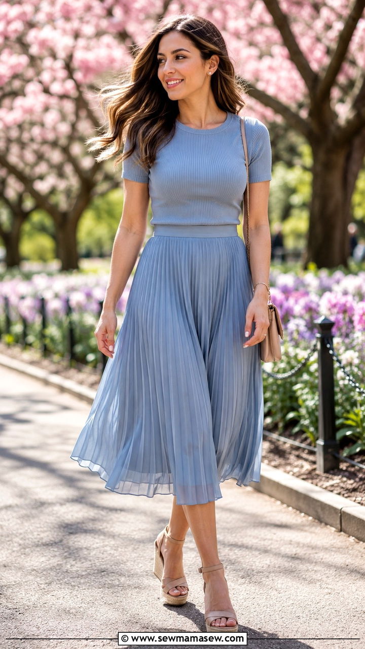 Pleated Midi Skirt And Wedge Sandals - 30 Spring outfits with wedges