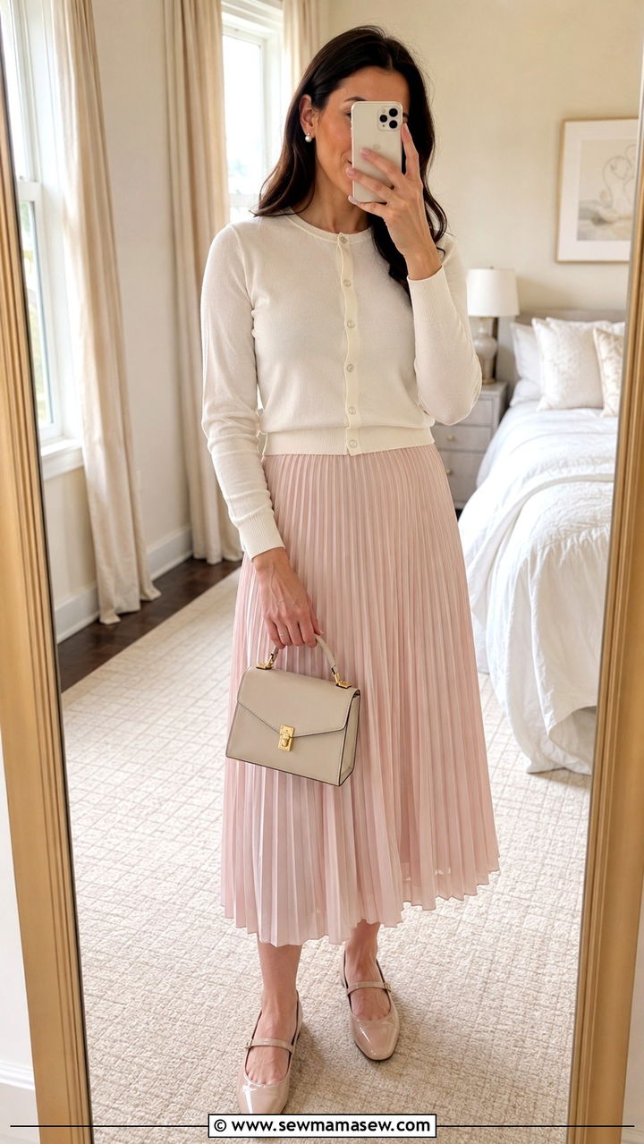 Pleated Midi Skirt Outfit with Cardigan and Mary Janes - 30 spring pinterest outfit ideas
