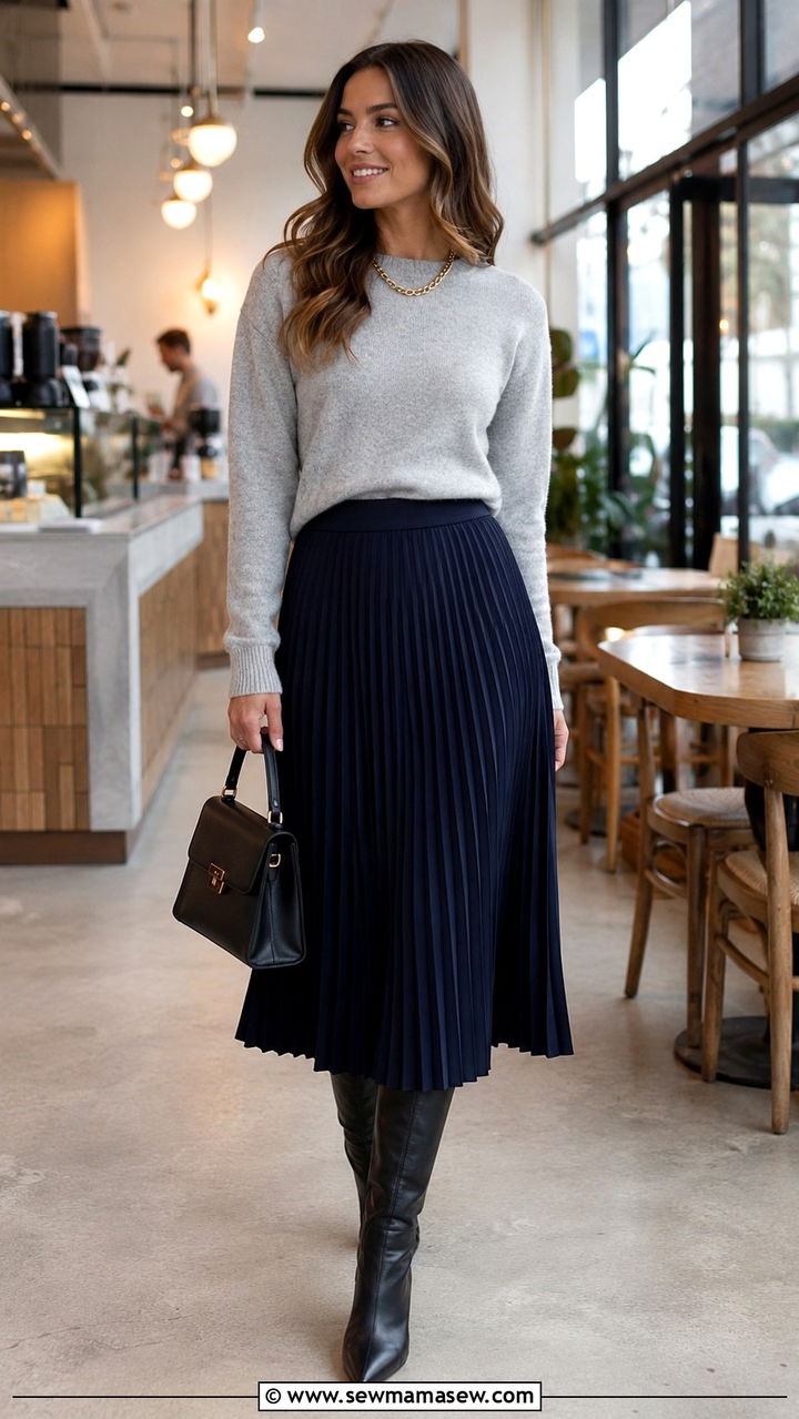 Pleated Midi Skirt With A Crewneck Sweater For Slim Thighs - 25 Outfit ideas for slim thighs