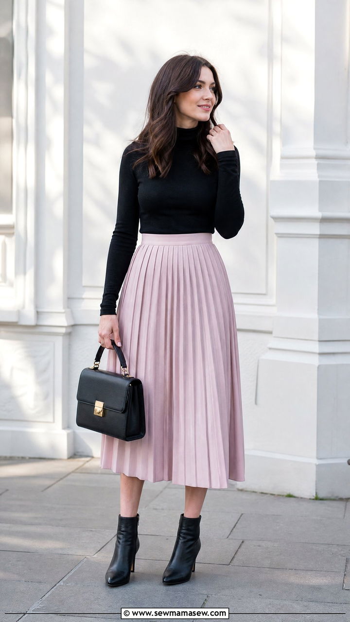 Pleated Midi Skirt With A Fitted Turtleneck And Ankle Boots - 40 Spring outfit ideas