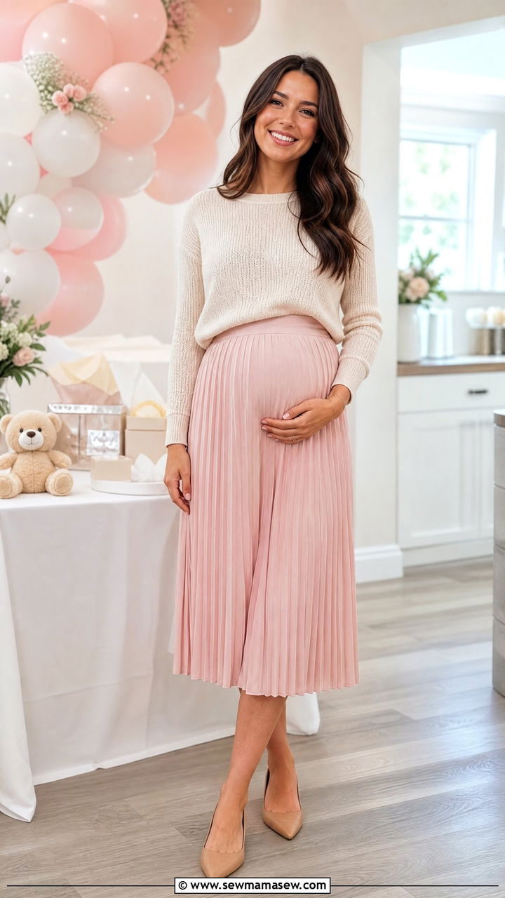 Pleated Midi Skirt With A Lightweight Knit Sweater - 25 Casual baby shower outfits