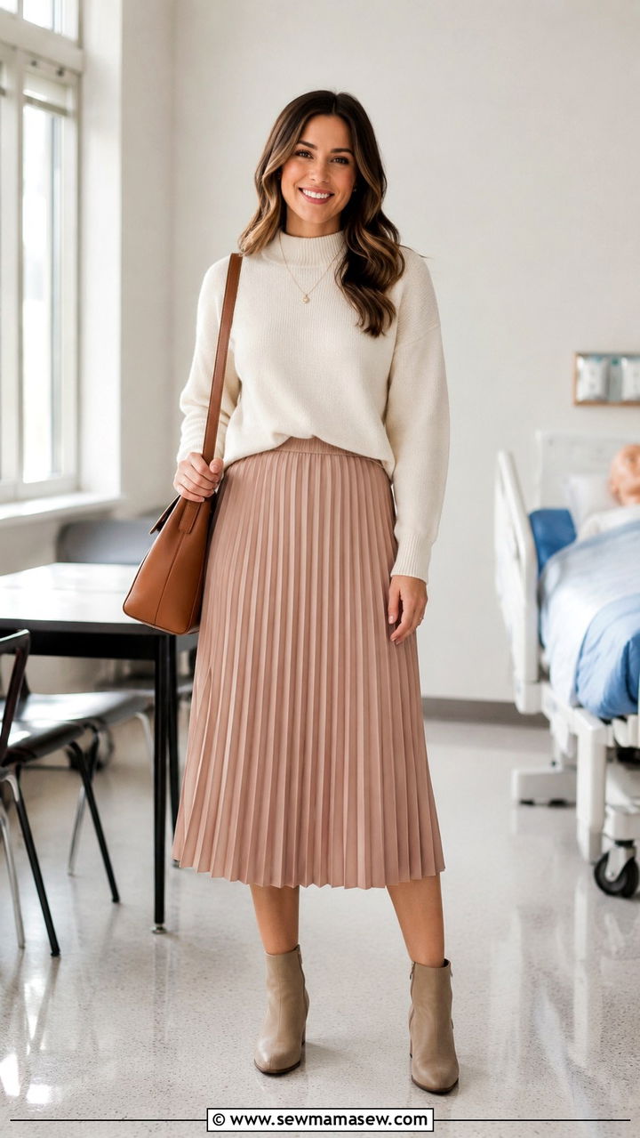 Pleated Midi Skirt With A Mock Neck Knit Top - 20 Modest outfit ideas for nurse