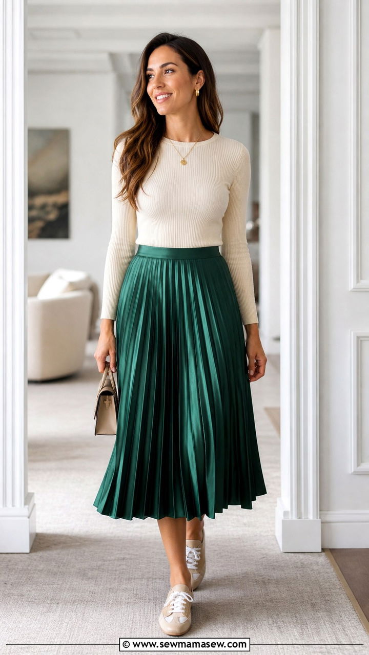 Pleated Midi Skirt With A Sweater And Sneakerinas - 40 cute sneaker outfits
