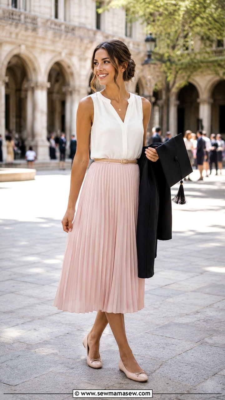 Pleated Midi Skirt With A Tucked In Blouse - 30 Graduation ceremony outfit ideas