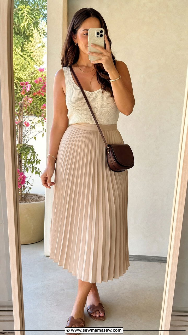 Pleated Midi Skirt With A Tucked In Tank - 25 Outfit ideas for curvy lower body