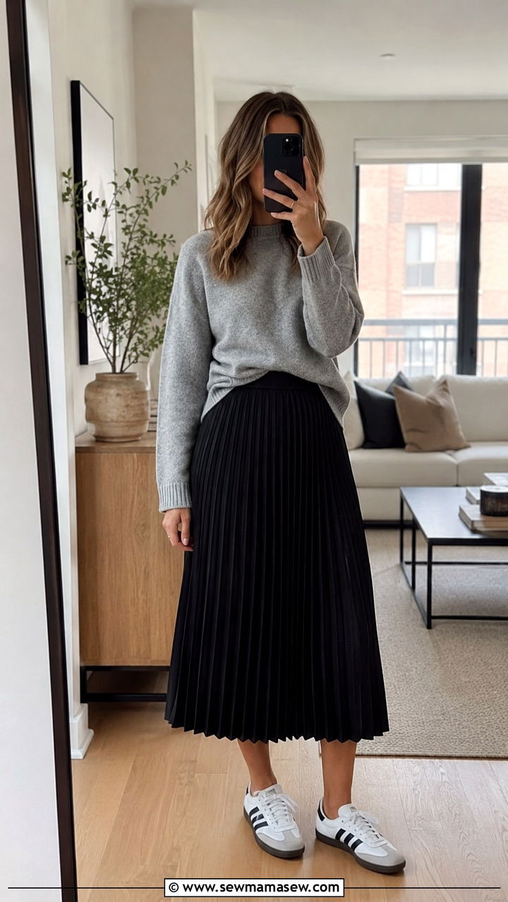 Pleated Midi Skirt With Adidas Samba Sneakers And Knit Sweater - 30 Pleated midi skirt outfit ideas with sneakers