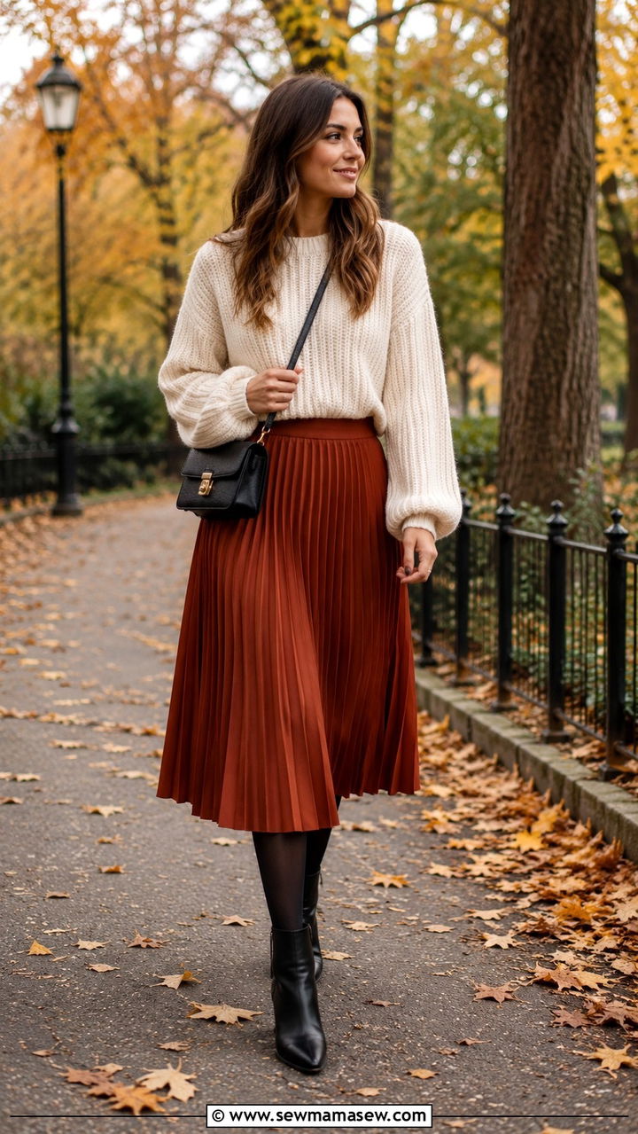 Pleated Midi Skirt With Ankle Boots Fall Outfit - 30 Pleated skirt outfit ideas with boots