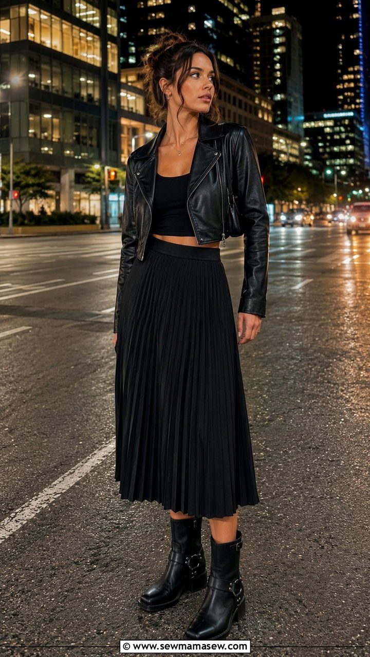Pleated Midi Skirt With Biker Boots And Leather Jacket - 30 Pleated midi skirt outfit ideas with boots