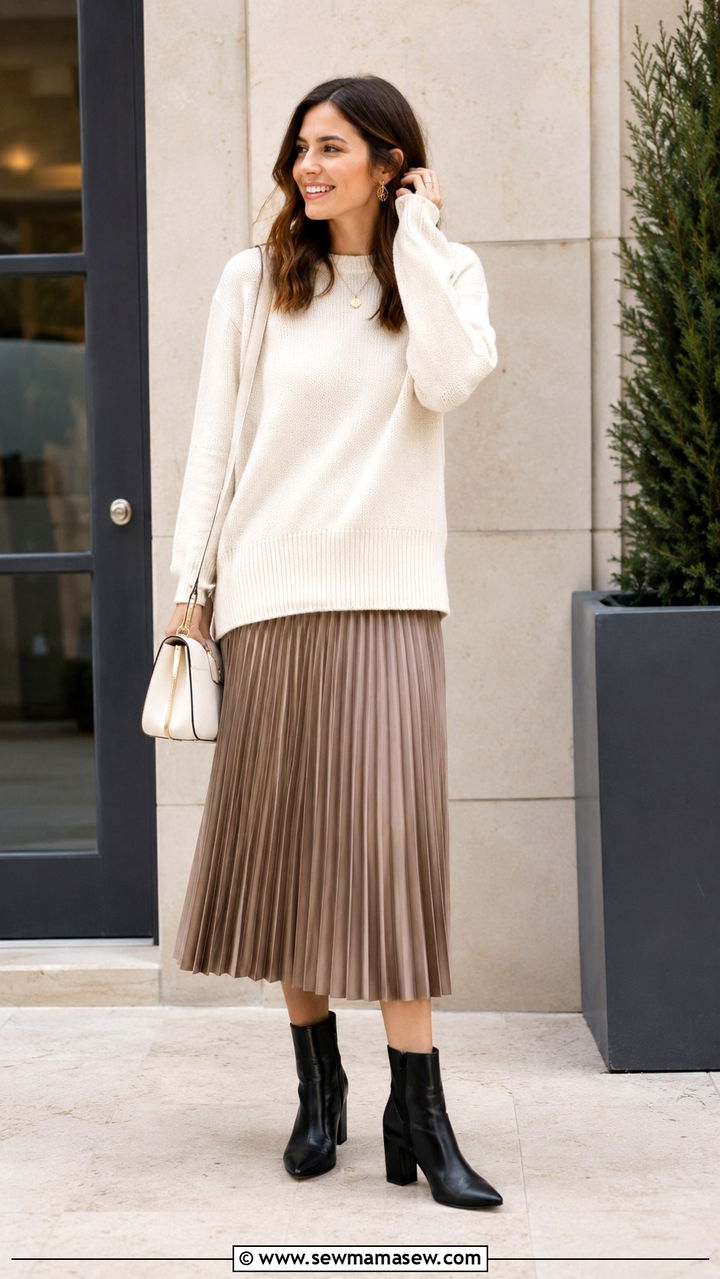 Pleated Midi Skirt With Block Heel Boots And Tunic Sweater - 30 Pleated midi skirt outfit ideas with boots
