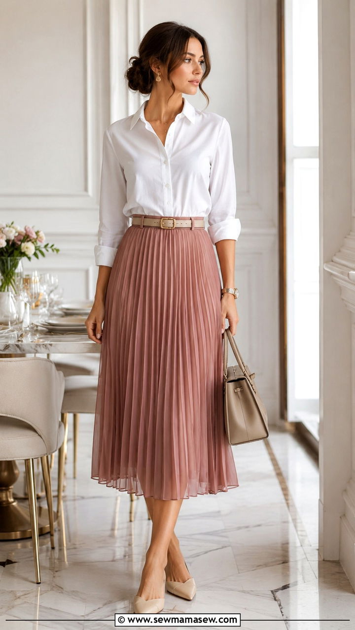 Pleated Midi Skirt With Button Down Shirt - 25 Modest outfit ideas summer 2026