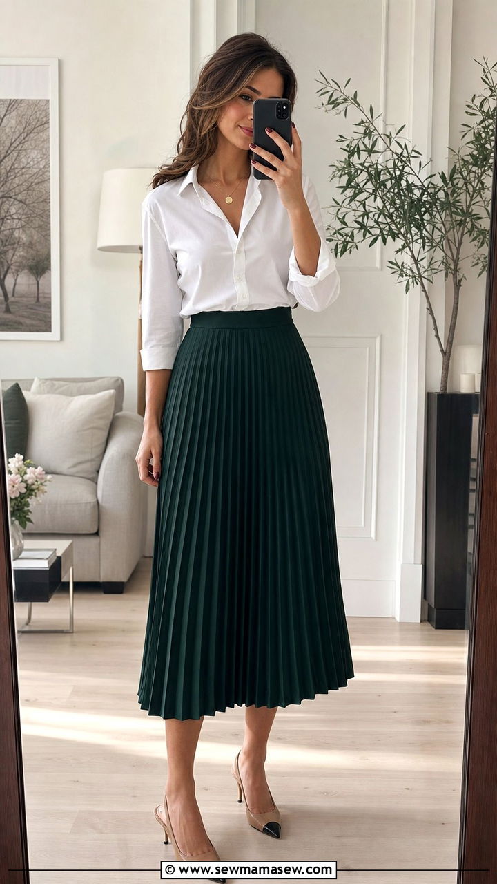 Pleated Midi Skirt With Button Down Shirt - 25 classy modest classy outfits