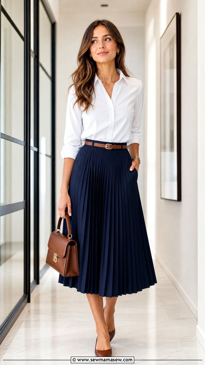 Pleated Midi Skirt With Button Up Shirt Outfit - 30 Client meeting outfit ideas