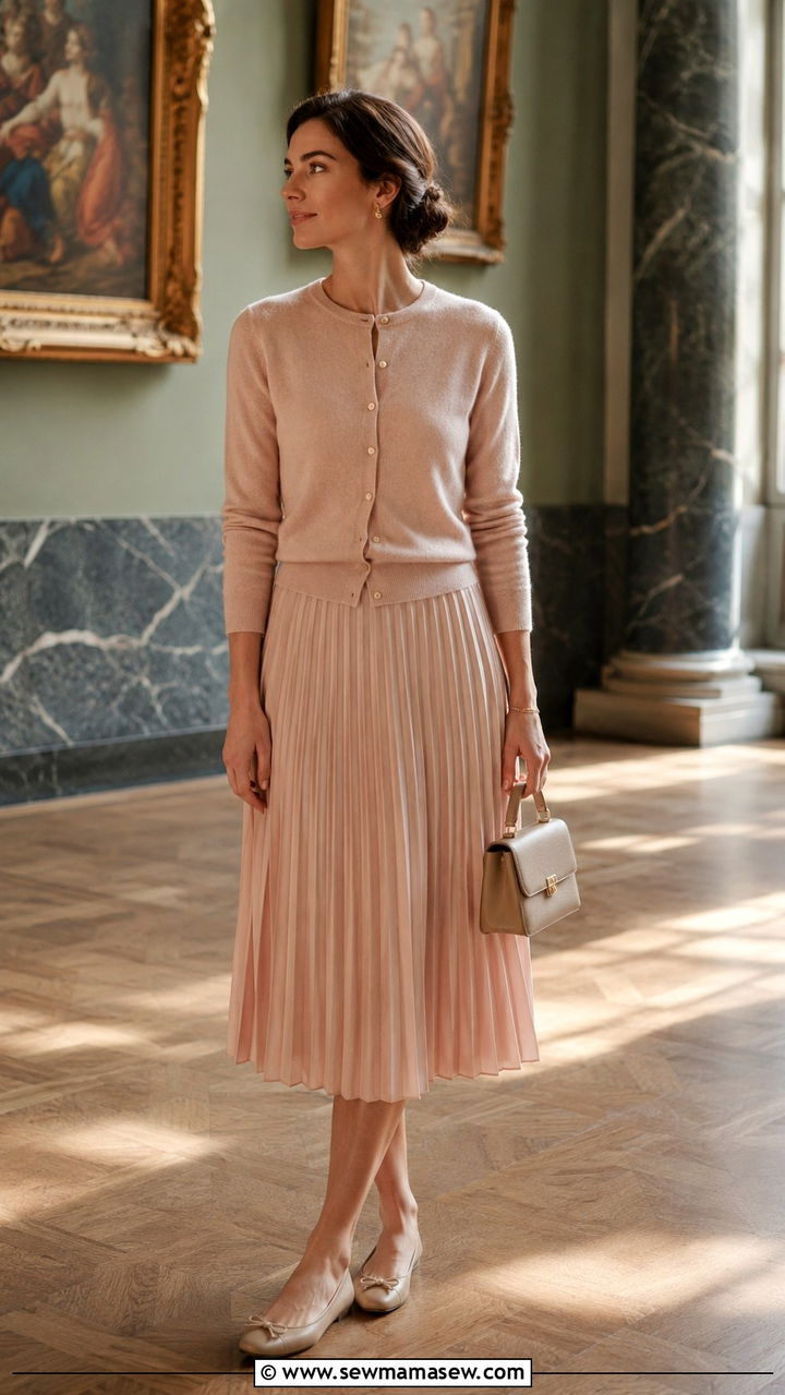 Pleated Midi Skirt With Cashmere Cardigan And Ballet Flats - 30 spring vintage outfit ideas