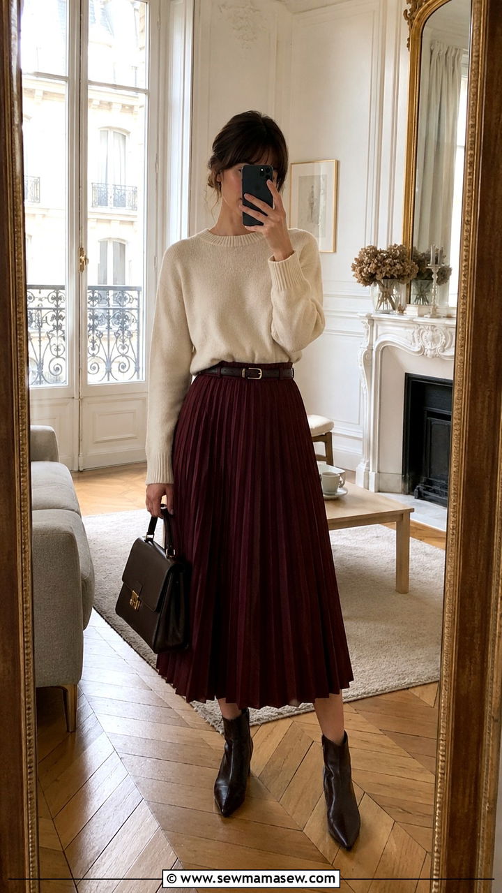 Pleated Midi Skirt With Cashmere Sweater And Ankle Boots - 30 Paris outfits inspo