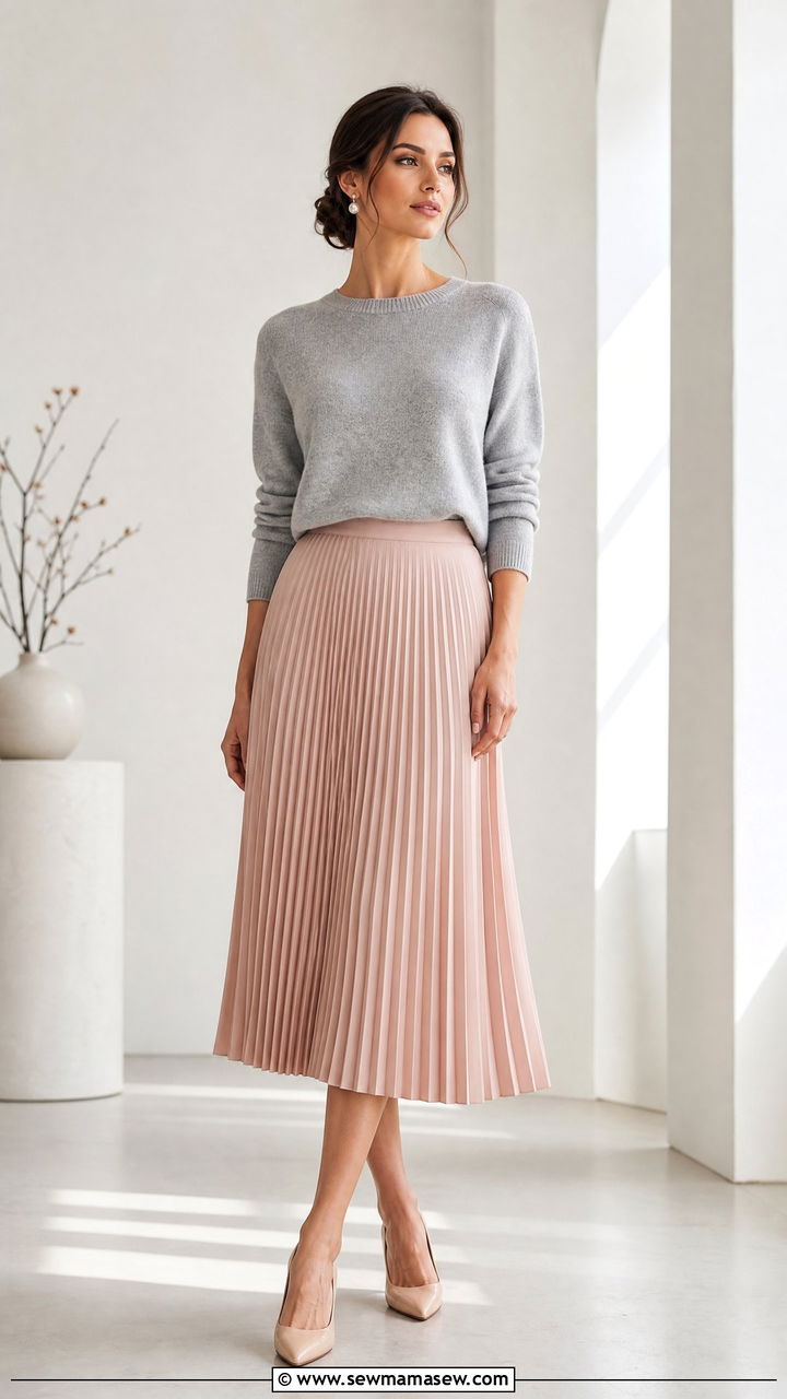 Pleated Midi Skirt With Cashmere Sweater - 20 work outfits for hourglass body