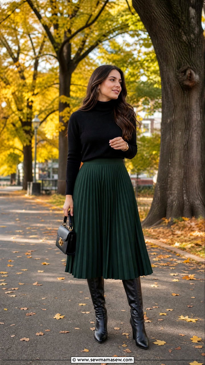 Pleated Midi Skirt With Cashmere Turtleneck And Knee High Boots - 30 classy trendy outfits