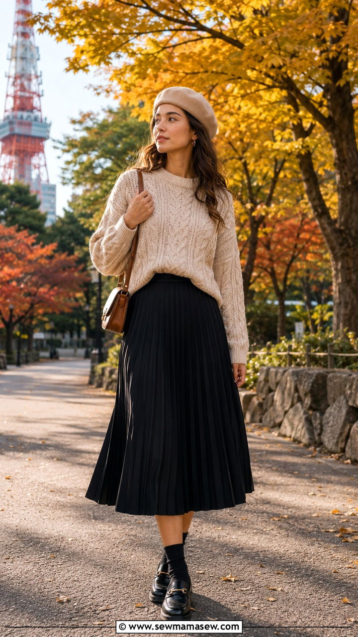 Pleated Midi Skirt With Chunky Knit Sweater And Loafers - 30 Tokyo vacation outfit ideas