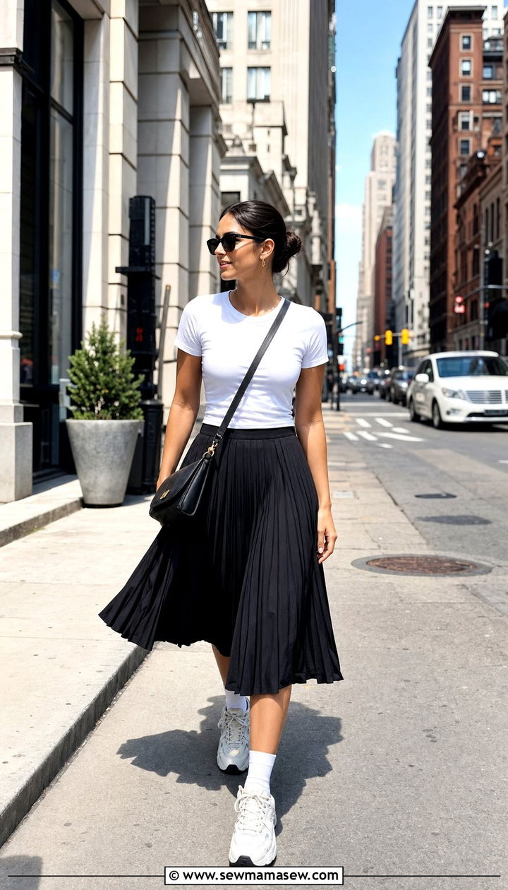 Pleated Midi Skirt With Chunky Sneakers - 25 Sporty chic outfit ideas walking