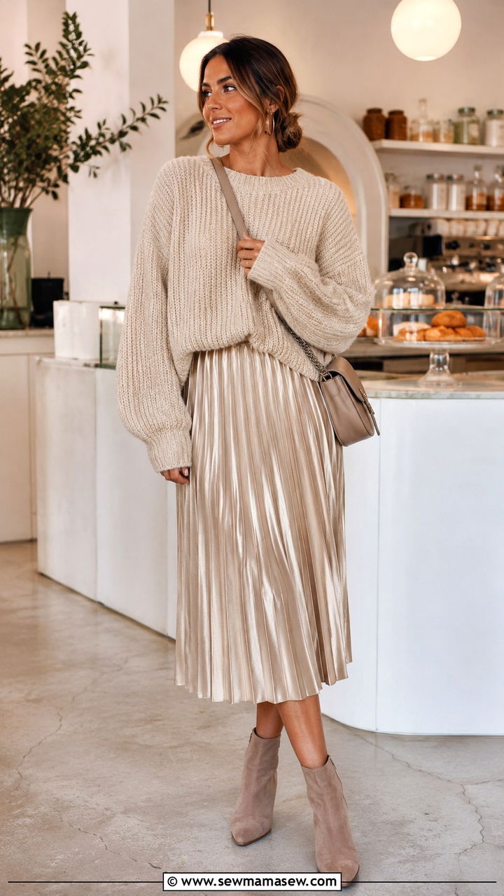 Pleated Midi Skirt With Chunky Sweater - 30 brunch outfits aesthetic