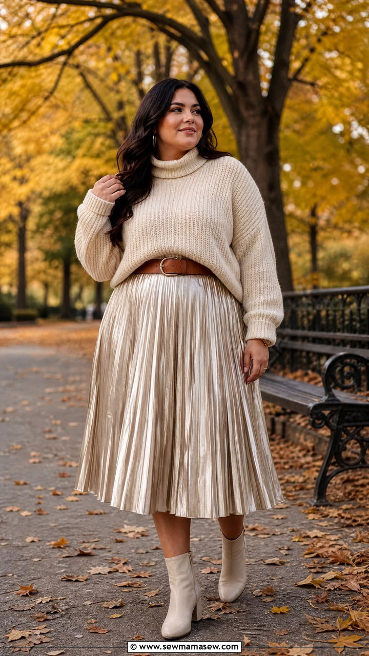 Pleated Midi Skirt With Chunky Sweater - 30 curvy outfit ideas for women