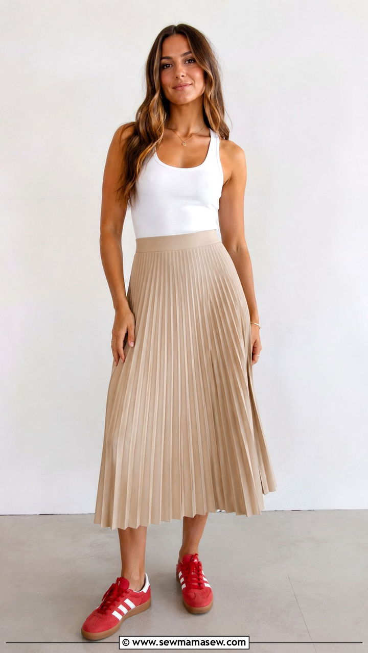 Pleated Midi Skirt With Colorful Sneakers And Vest Top - 30 Pleated midi skirt outfit ideas with sneakers