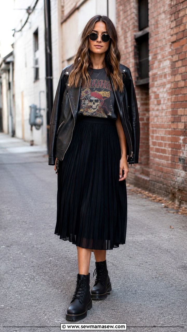 Pleated Midi Skirt With Combat Boots And Graphic Tee - 30 Pleated midi skirt outfit ideas with boots