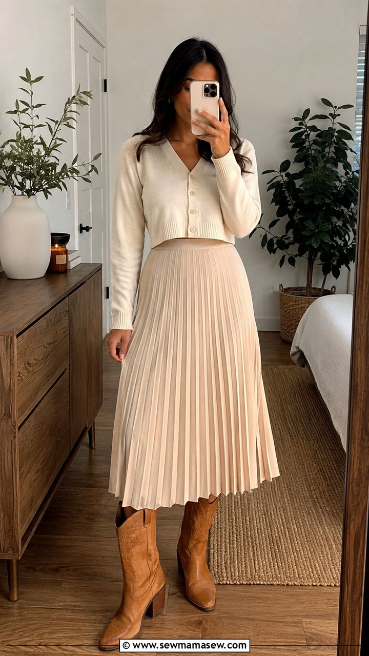 Pleated Midi Skirt With Cowboy Boots And Cropped Cardigan - 30 Pleated midi skirt outfit ideas with boots