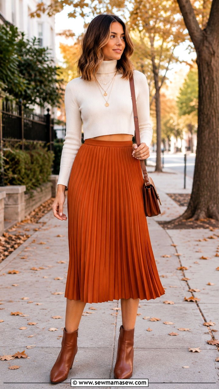 Pleated Midi Skirt With Cropped Turtleneck - 30 transitional modest outfit ideas
