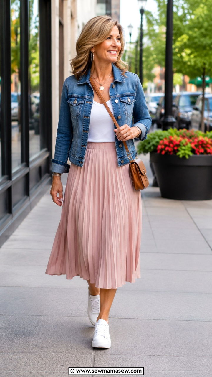 Pleated Midi Skirt With Denim Jacket And White Sneakers - 30 midi skirt outfits for women over 40
