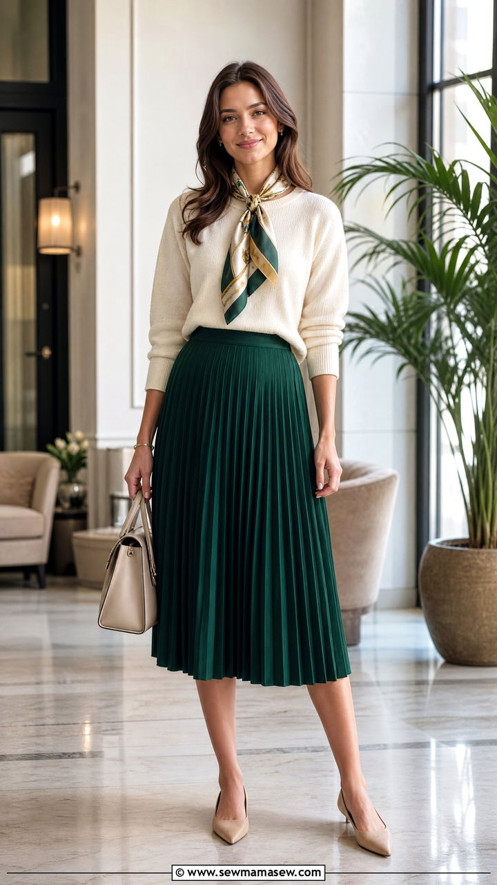 Pleated Midi Skirt With Fine Knit Sweater - 25 casual outfits for modest women