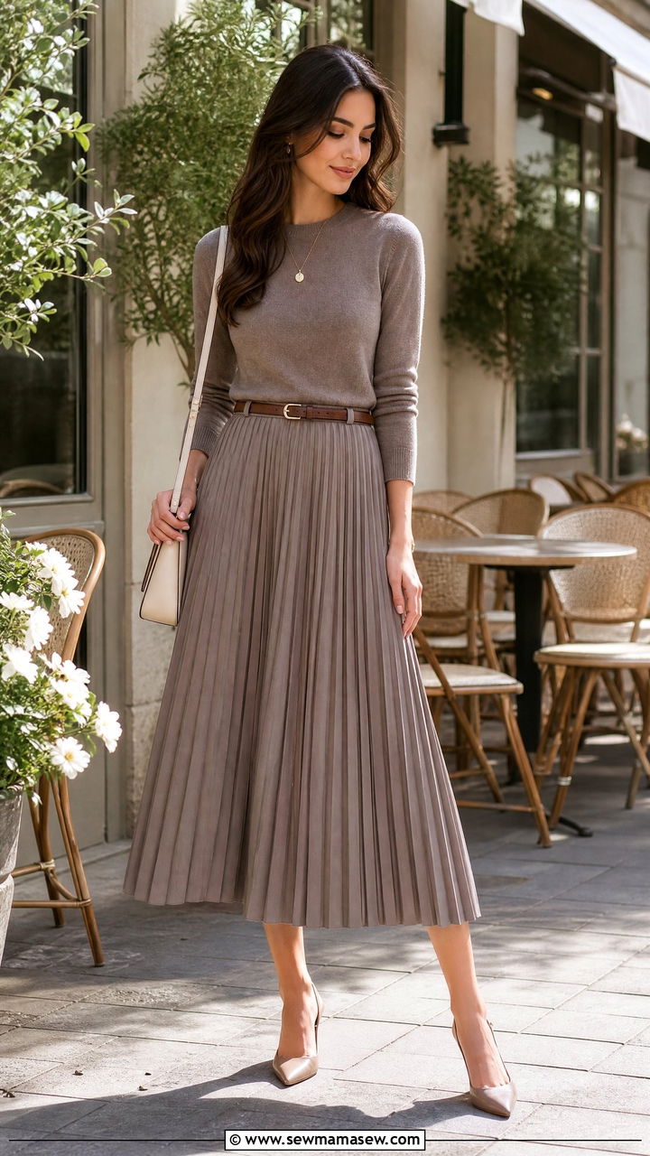 Pleated Midi Skirt With Fine Knit Sweater - 30 modest classy outfits for women