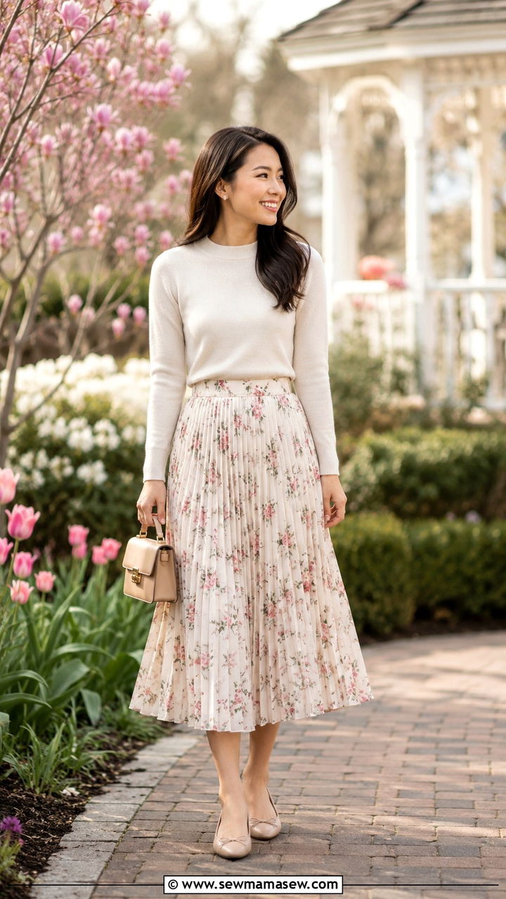 Pleated Midi Skirt With Fine Knit Sweater and Ballet Flats - 30 transitional business casual outfits