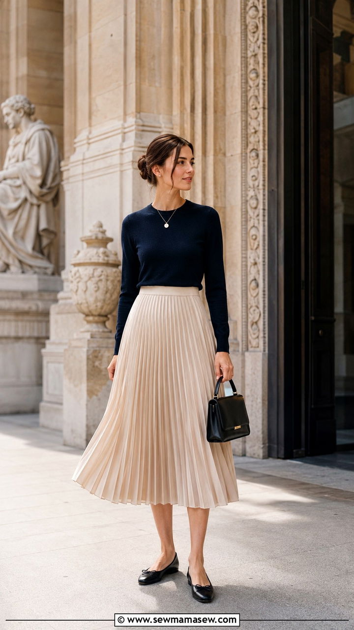 Pleated Midi Skirt With Fine Knit Sweater and Ballet Flats - 25 10 day travel capsule outfits