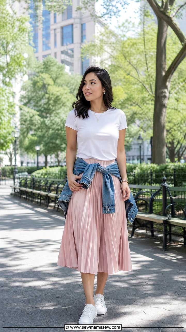 Pleated Midi Skirt With Fitted Cotton Tee - 30 Summer capsule wardrobe for petite women
