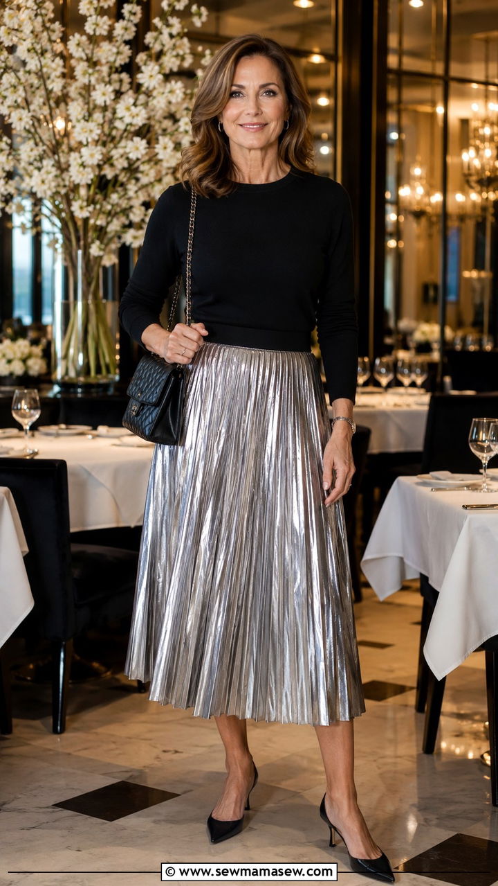 Pleated Midi Skirt With Fitted Sweater - 25 Birthday outfit ideas for women over 40