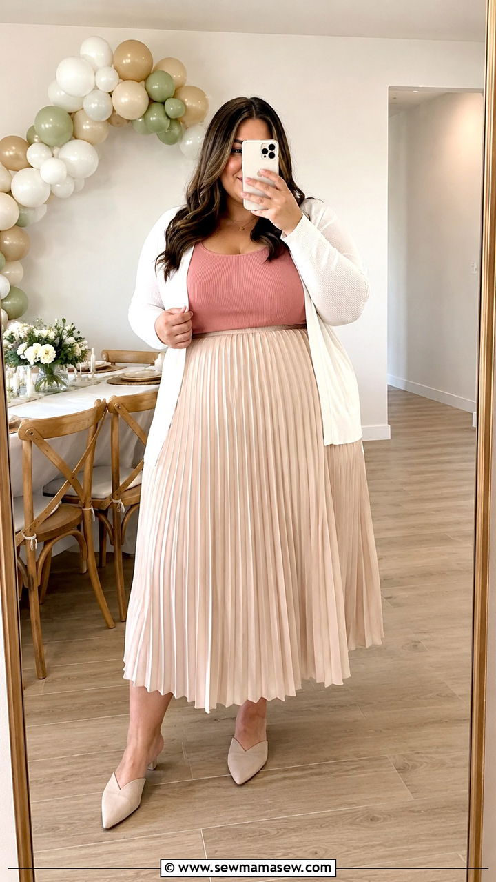 Pleated Midi Skirt With Fitted Top And Cardigan - 30 Plus size outfit ideas for baby shower