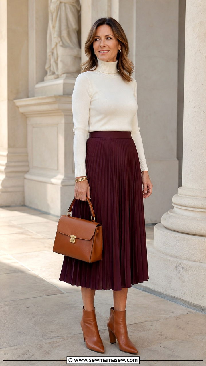 Pleated Midi Skirt With Fitted Turtleneck - 30 romantic outfit ideas for women over 40