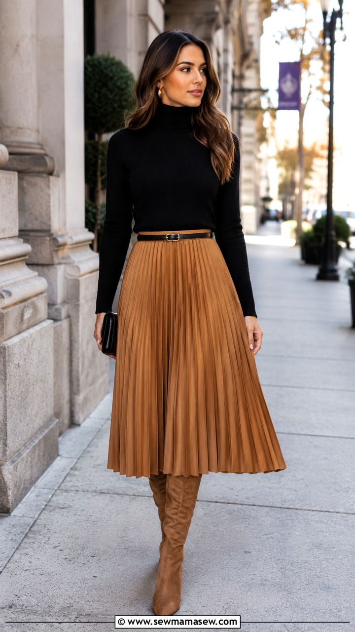 Pleated Midi Skirt With Fitted Turtleneck - 25 Boho outfit ideas with midi skirt