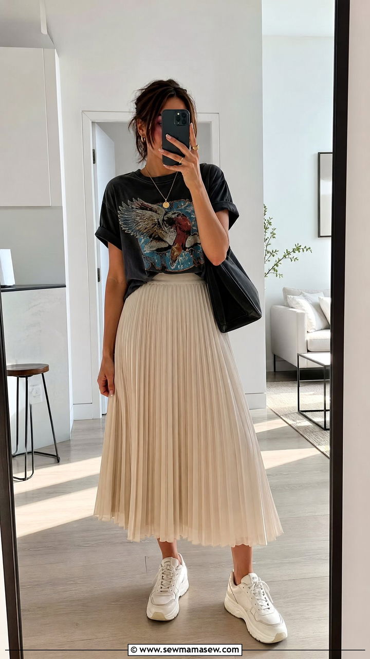 Pleated Midi Skirt With Graphic Tee And Chunky Trainers - 30 Stylish spring outfit ideas 2026