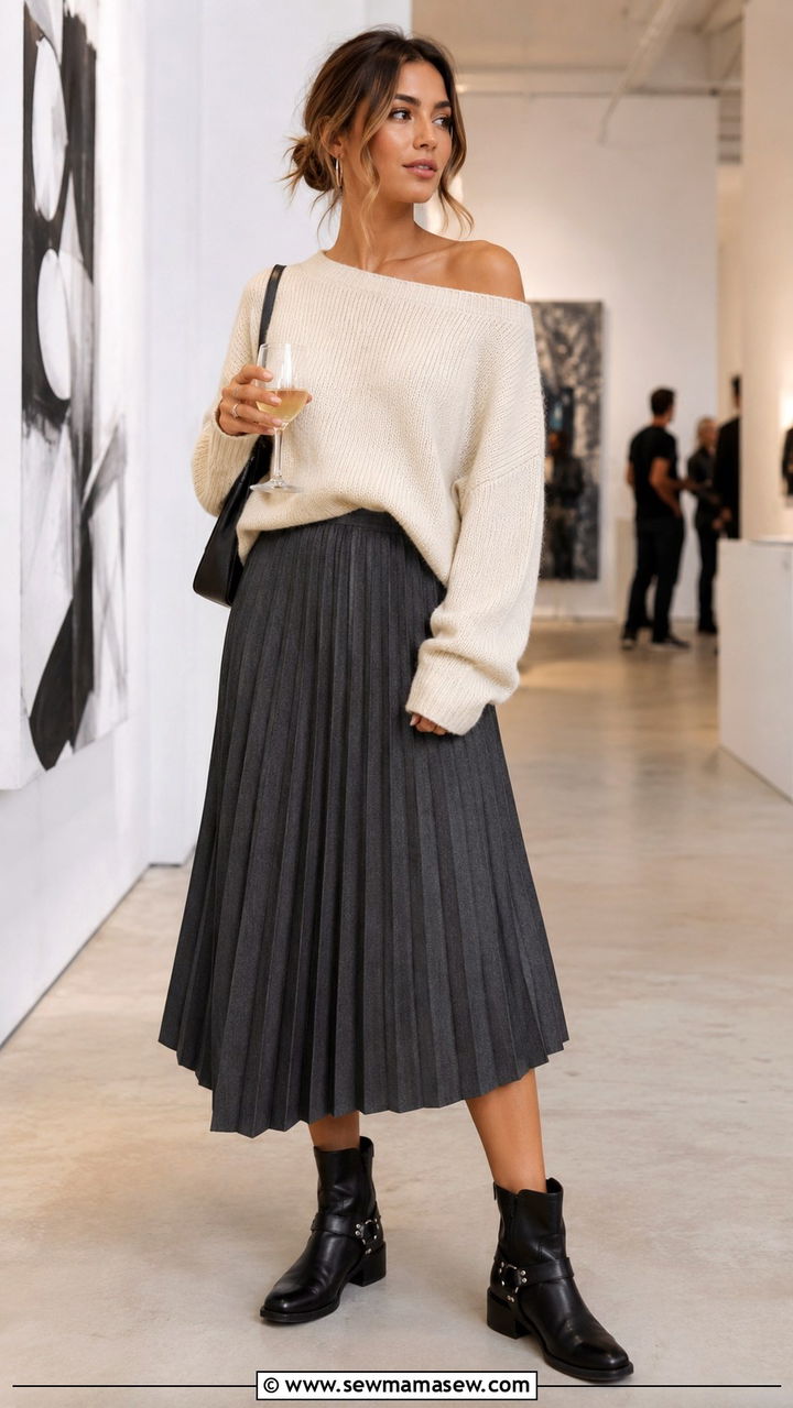 Pleated Midi Skirt With Harness Boots And Off Shoulder Knit - 30 Pleated midi skirt outfit ideas with boots