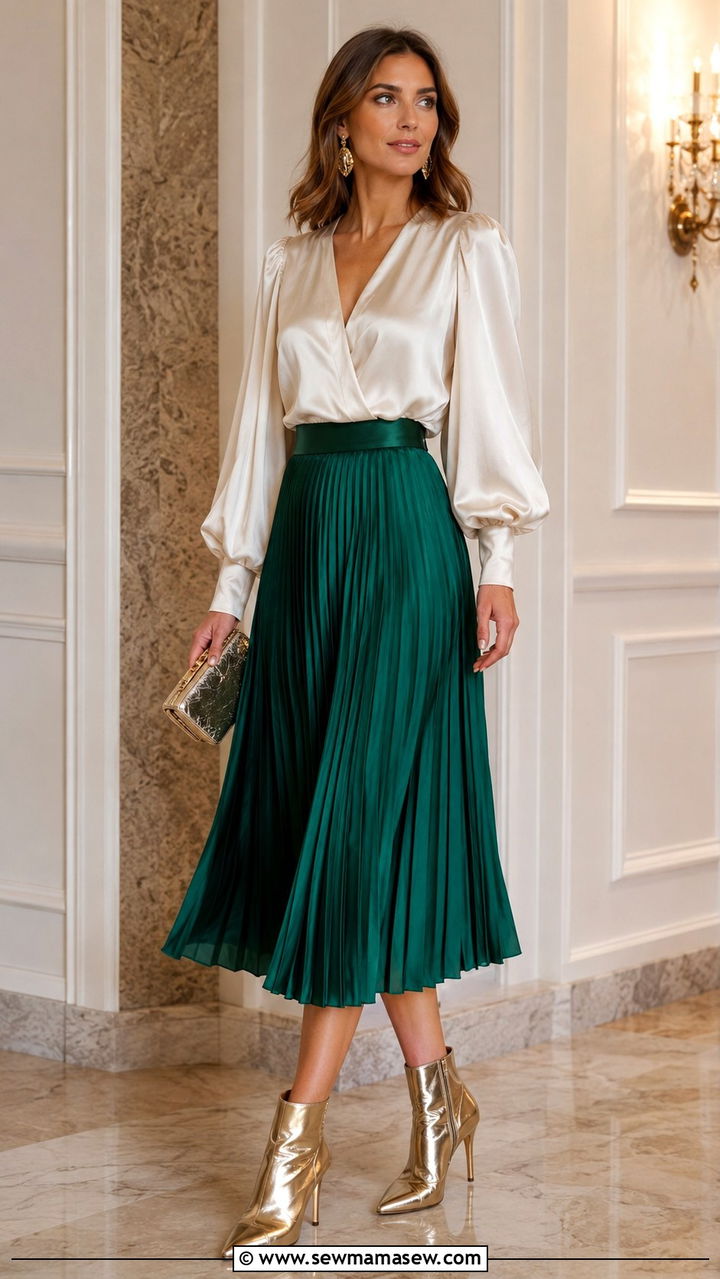 Pleated Midi Skirt With Heeled Ankle Boots And Silk Blouse - 30 Pleated midi skirt outfit ideas with boots