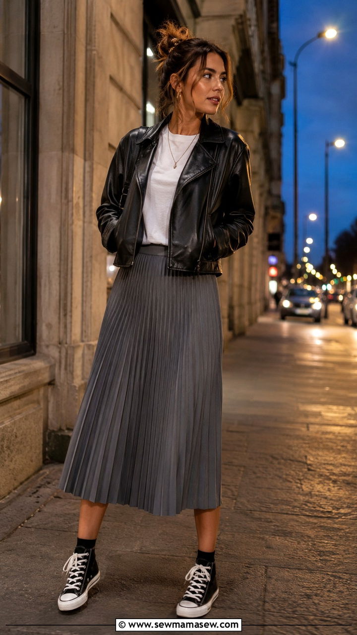 Pleated Midi Skirt With High Top Sneakers And Leather Jacket - 30 Pleated midi skirt outfit ideas with sneakers