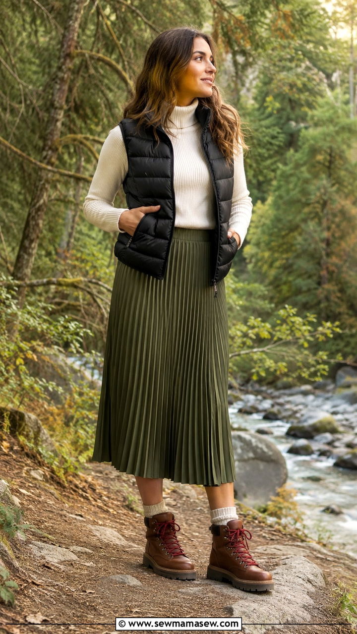Pleated Midi Skirt With Hiking Boots And Puffer Vest - 30 Pleated midi skirt outfit ideas with boots