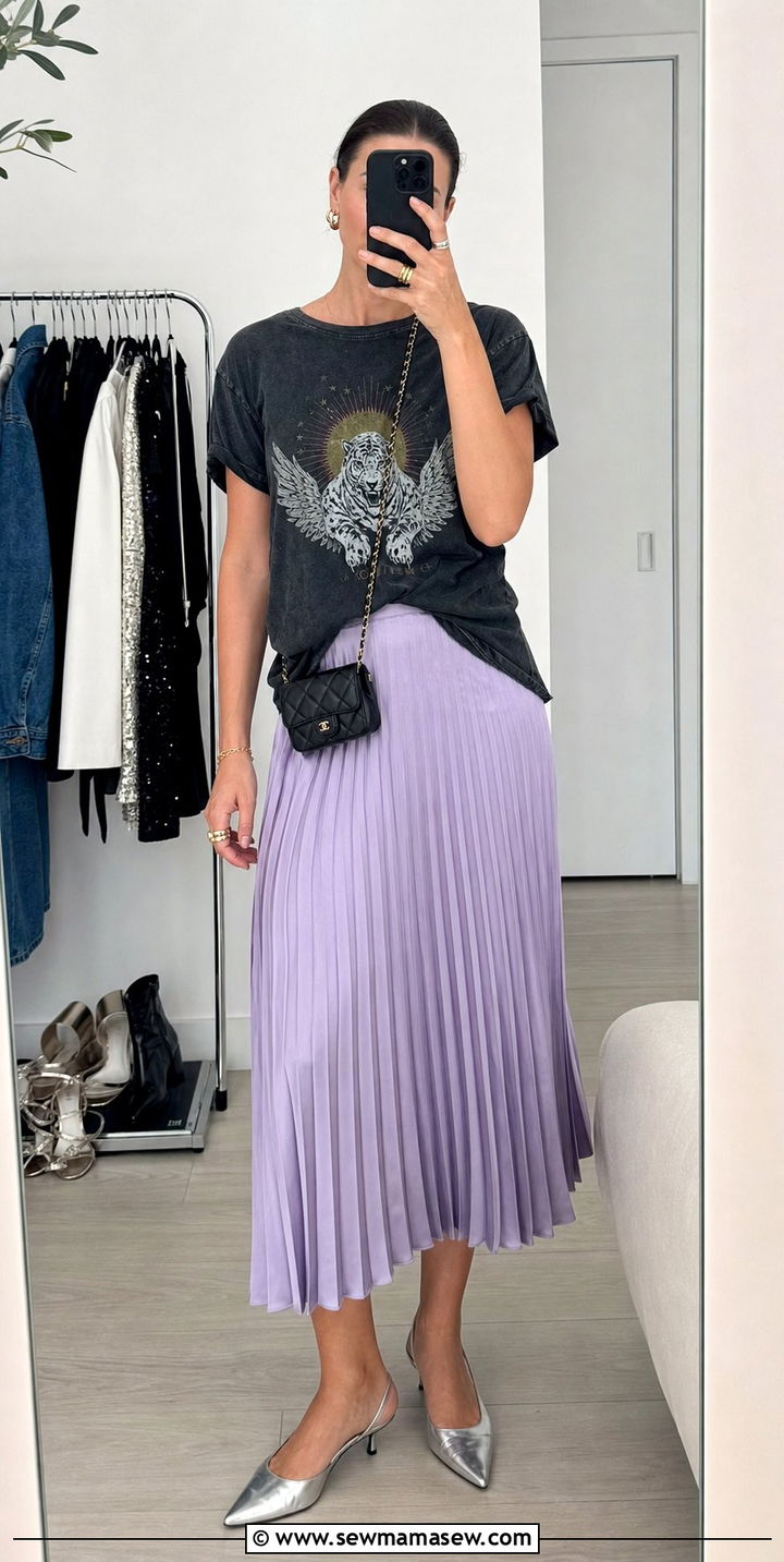 Pleated Midi Skirt With Kitten Heel Slingbacks Outfit - 25 summer outfits with kitten heels