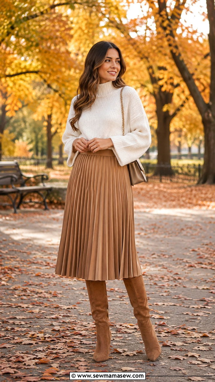 Pleated Midi Skirt With Knee High Boots And Chunky Sweater - 30 Pleated midi skirt outfit ideas with boots