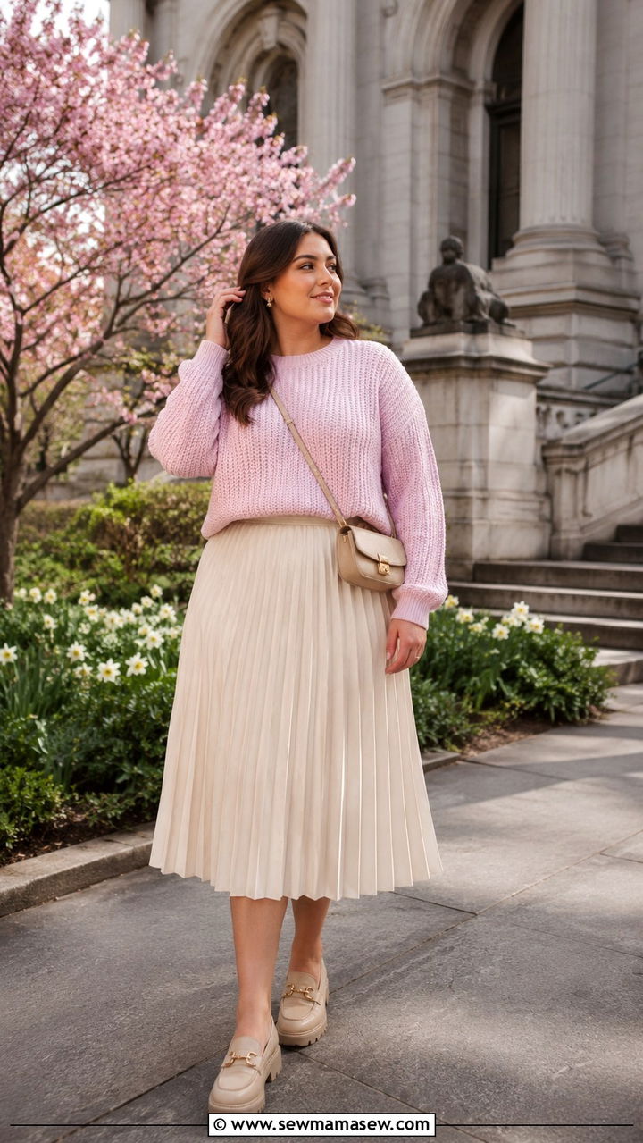 Pleated Midi Skirt With Knit Sweater And Loafers - 20 spring outfits for women with wide hips