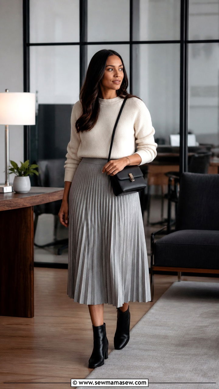 Pleated Midi Skirt With Knit Sweater and Ankle Boots - 40 business casual outfits