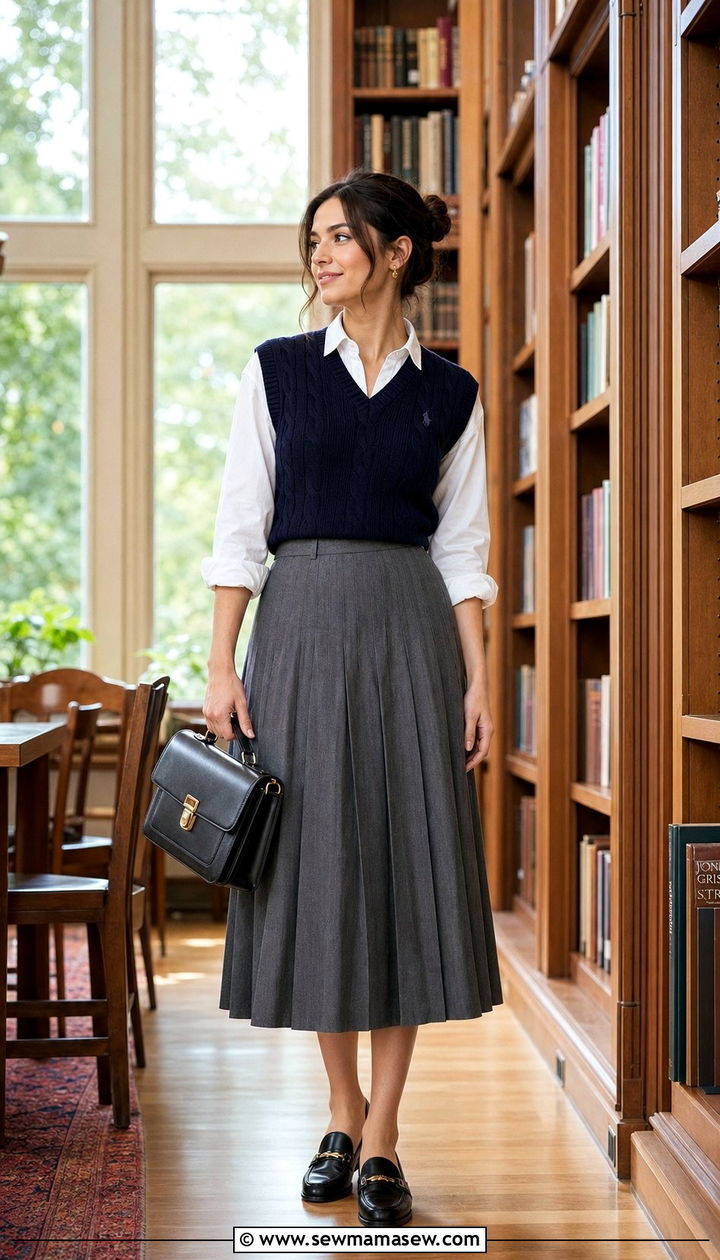 Pleated Midi Skirt With Knit Vest - 25 Spring ootd ideas
