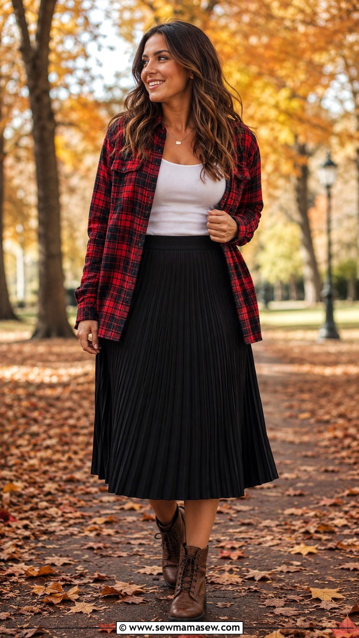 Pleated Midi Skirt With Lace Up Boots And Plaid Flannel - 30 Pleated midi skirt outfit ideas with boots