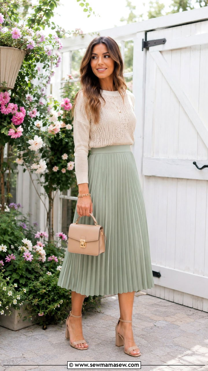 Pleated Midi Skirt With Lightweight Knit - 30 spring skirt outfit ideas